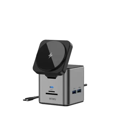 Док-станція WIWU [Wi-W025] Cube Hub Wireless Charger 9in1 USB-C to 3xUSB3.0+HDMI+RJ45+SD/MicroSD+PD 100W (Grey)