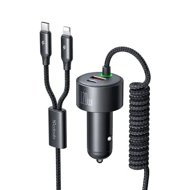 Прикурювач Mcdodo [CC-0370] PD+PPS+QC Quick Car Charger 3A 120W [with LED Spring cable USB-C+Lightning] (Black)