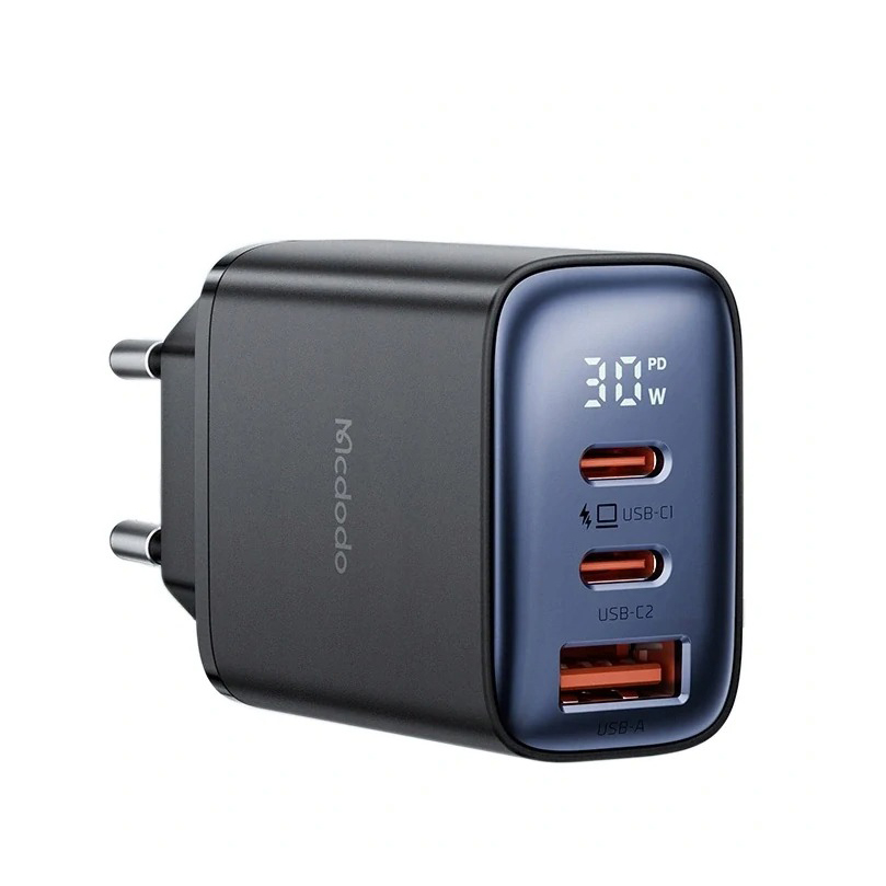 Адаптер Mcdodo [CH-2180] Digital Display Fast Charger 2xUSB-C+USB 30W (Black)