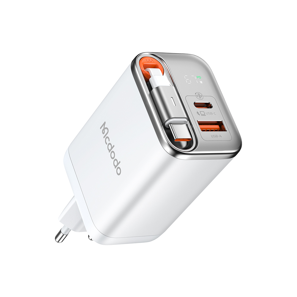 Адаптер Mcdodo [CH-4100] Display GaN Charger 67W [Built-in 65cm retractable cable USB-C] (White)