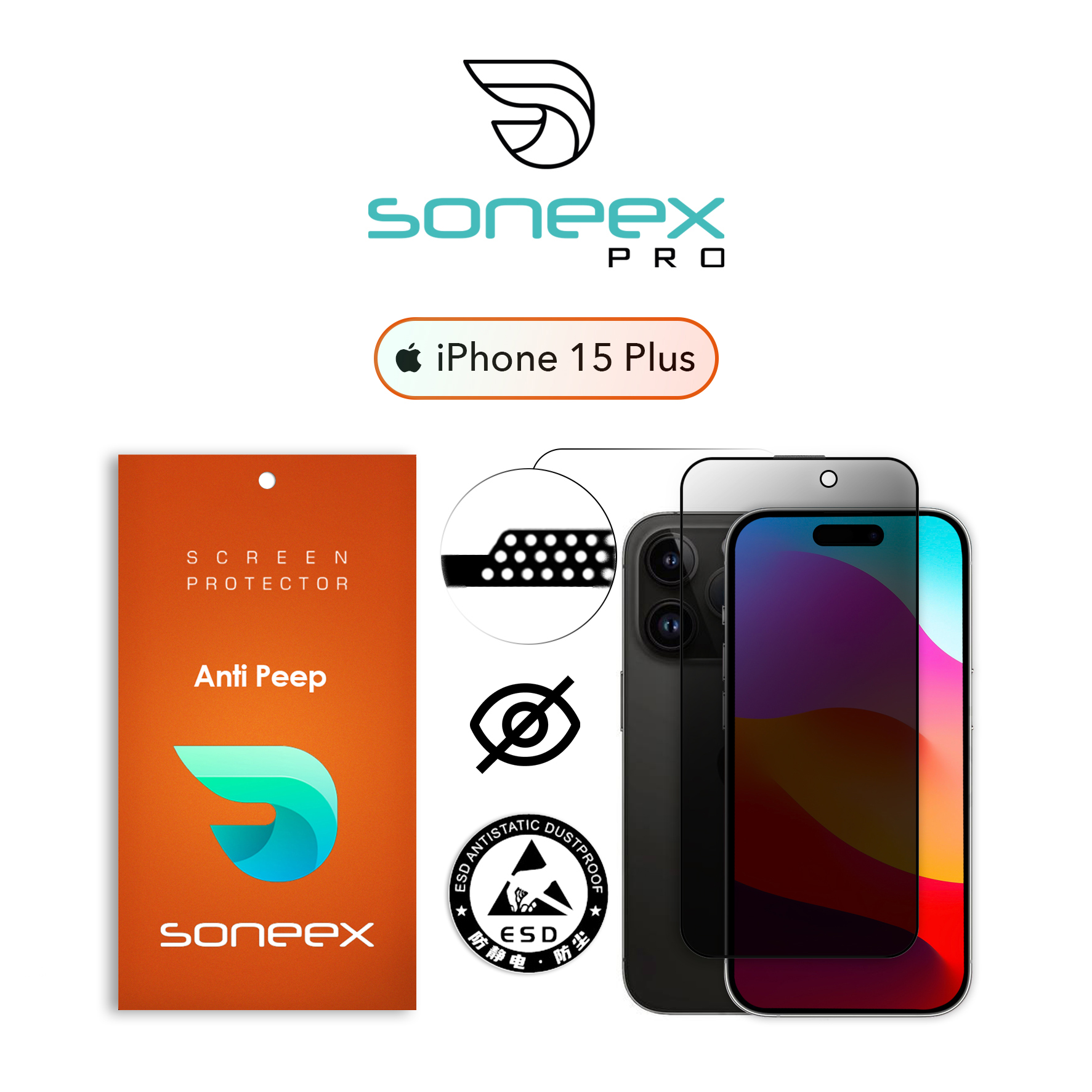 Захисне скло Soneex Pro для iPhone 14 Pro Max/15 Plus 2.5D Anti Peep (Black)