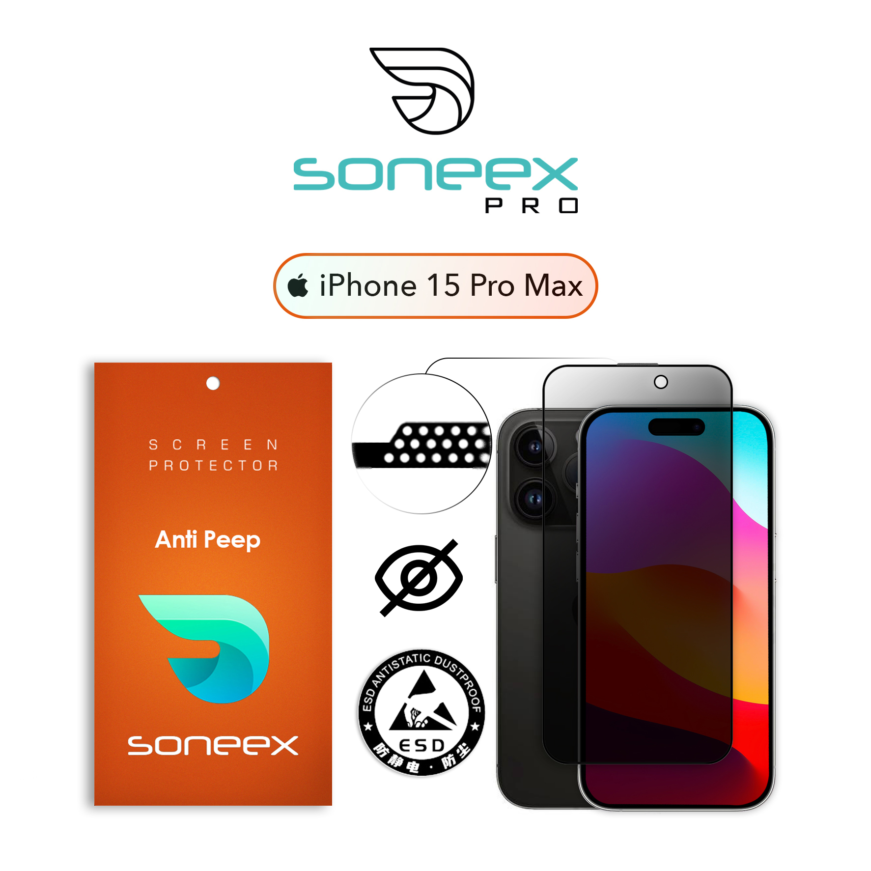 Захисне скло Soneex Pro для iPhone 15 Pro Max 2.5D Anti Peep (Black)