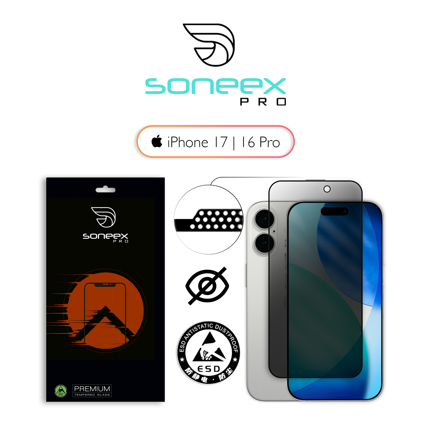 Захисне скло Soneex Pro для iPhone 16 Pro/17 2.5D Anti Peep (Black)