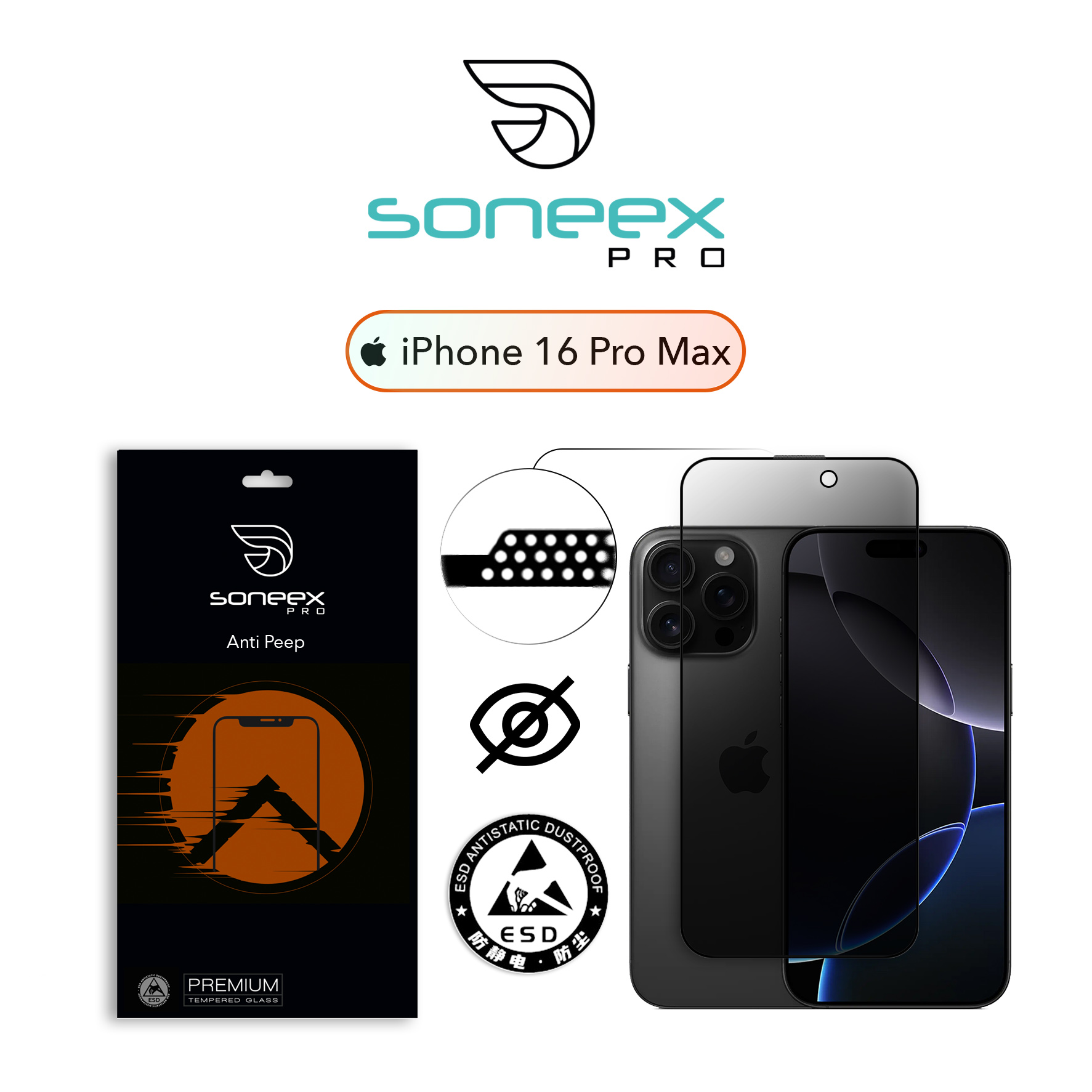 Захисне скло Soneex Pro для iPhone 16 Pro Max 2.5D Anti Peep (Black)